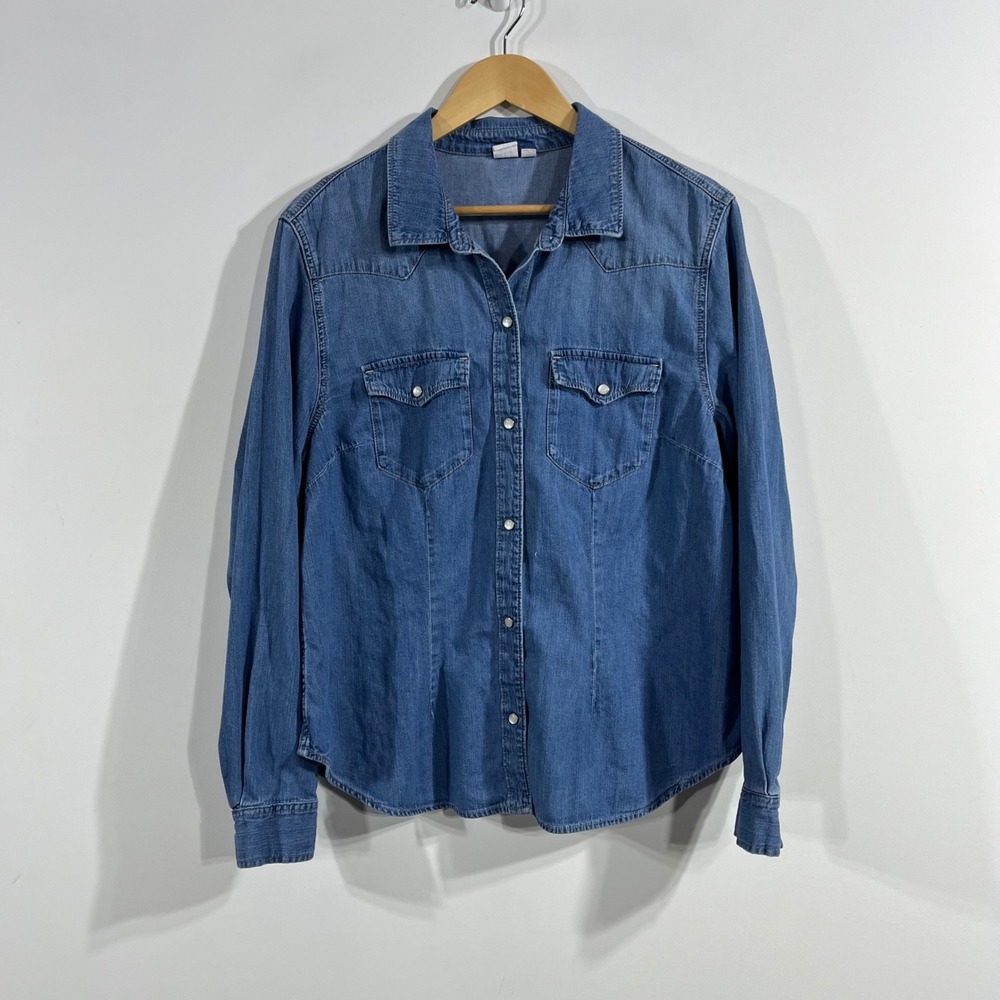Gap Boho Blue Denim Western Snap Front Long Sleeve Shirt 100% Cotton Womens XL